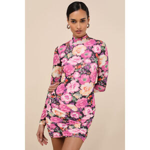 Lulus Prettiest Energy Pink Multi Floral Mesh Long Sleeve Mini Dress - Size M